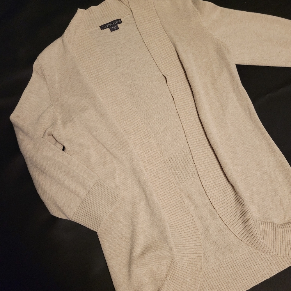 Covington Women's Medium Beige Cream Knit Open Front Cardigan 3/4 Sleeve Preppy
